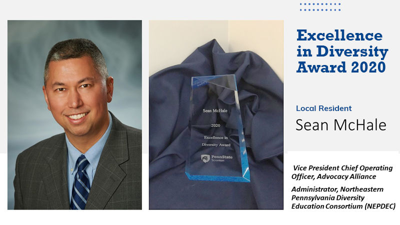 Sean McHale headshot and image of excellence in diversity award