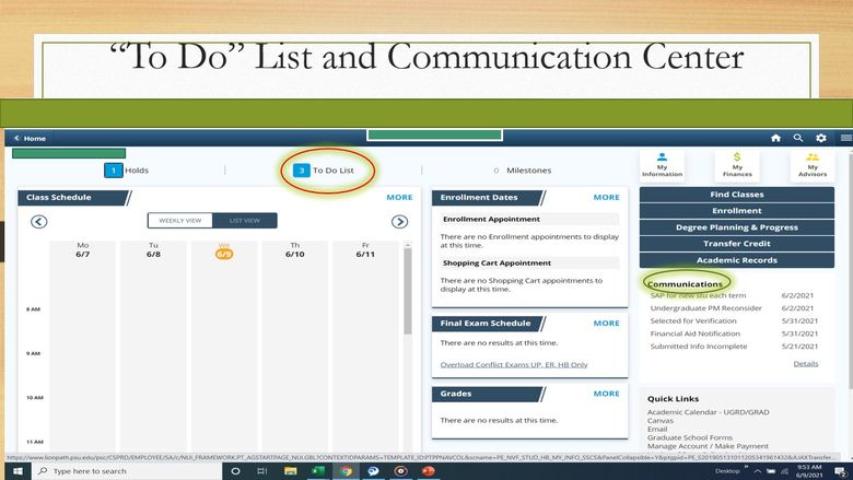 screenshot of “To Do” List and Communication Center in LionPath