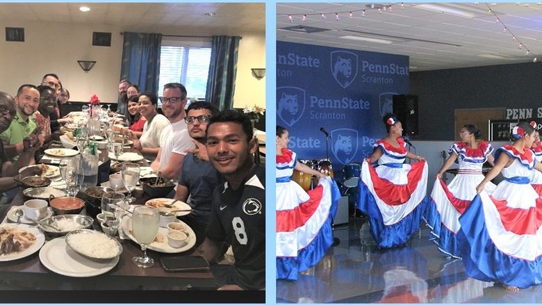 at left, students have dinner at an indian restaurant to experience that culture's cuisine; at right Mexican dancers perform as part of a past Hispanic Heritage Month event at the campus
