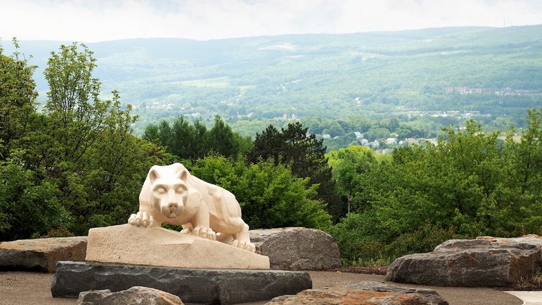 Nittany Lion Shrine at the Scranton campus with view of mountains behind it