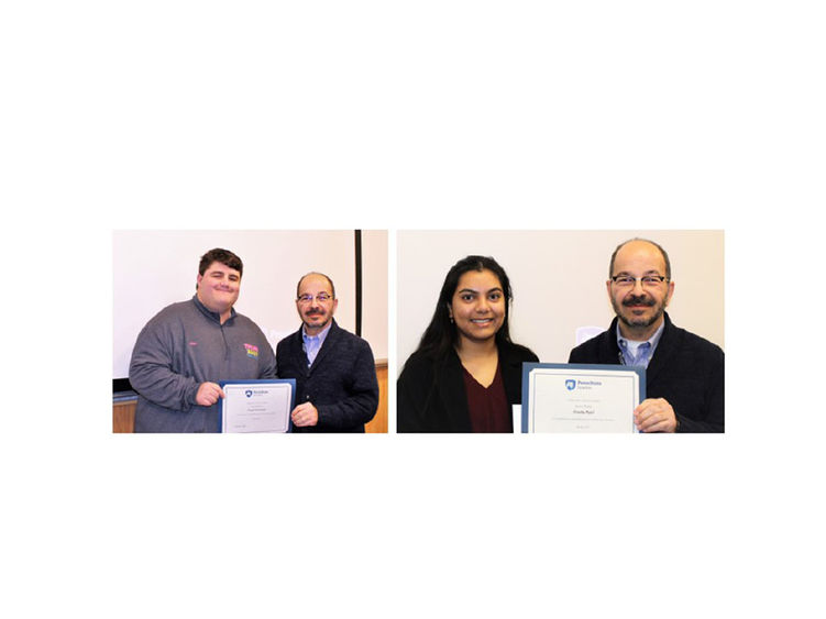 photos of Patel and Krishanda with Chancellor Wafa, holding up their Chancellor's Award certificates